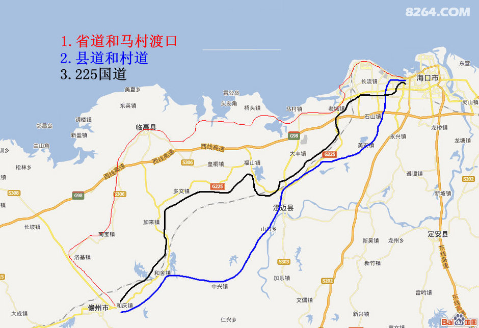 国道版,海口到儋州,那大,洋浦,直接走国道225,路况一流,有点起伏路