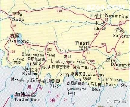 喜马拉雅山脉,世界第六高峰海拔8201米的卓奥友峰的位置地图