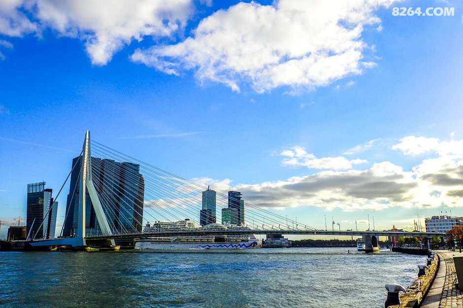 桥梁横跨新马斯河上,背后是高大的现代建筑,用来承托它的优秀外观.