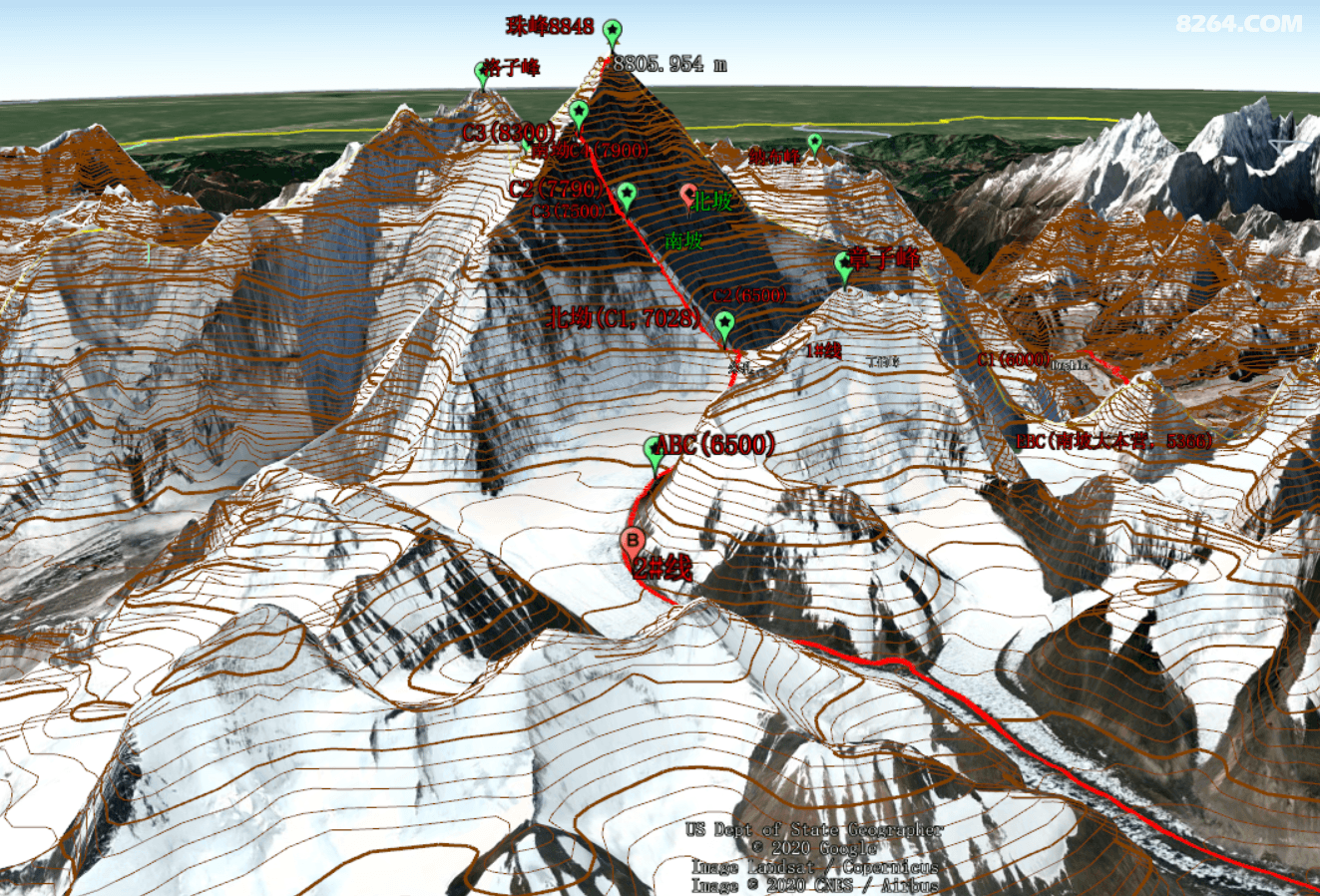 珠穆朗玛峰大本营线路地形图