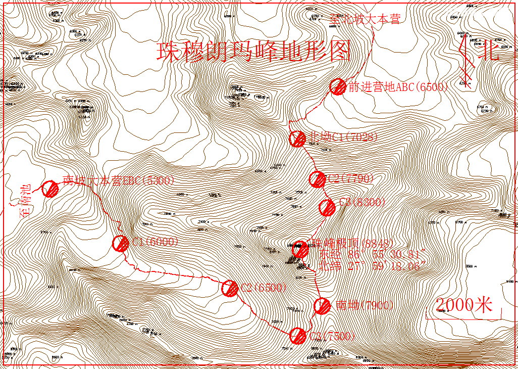 珠穆朗玛峰大本营线路地形图