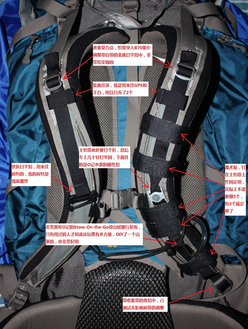 在背包上自制肩带挂点及登山杖随行外挂系统