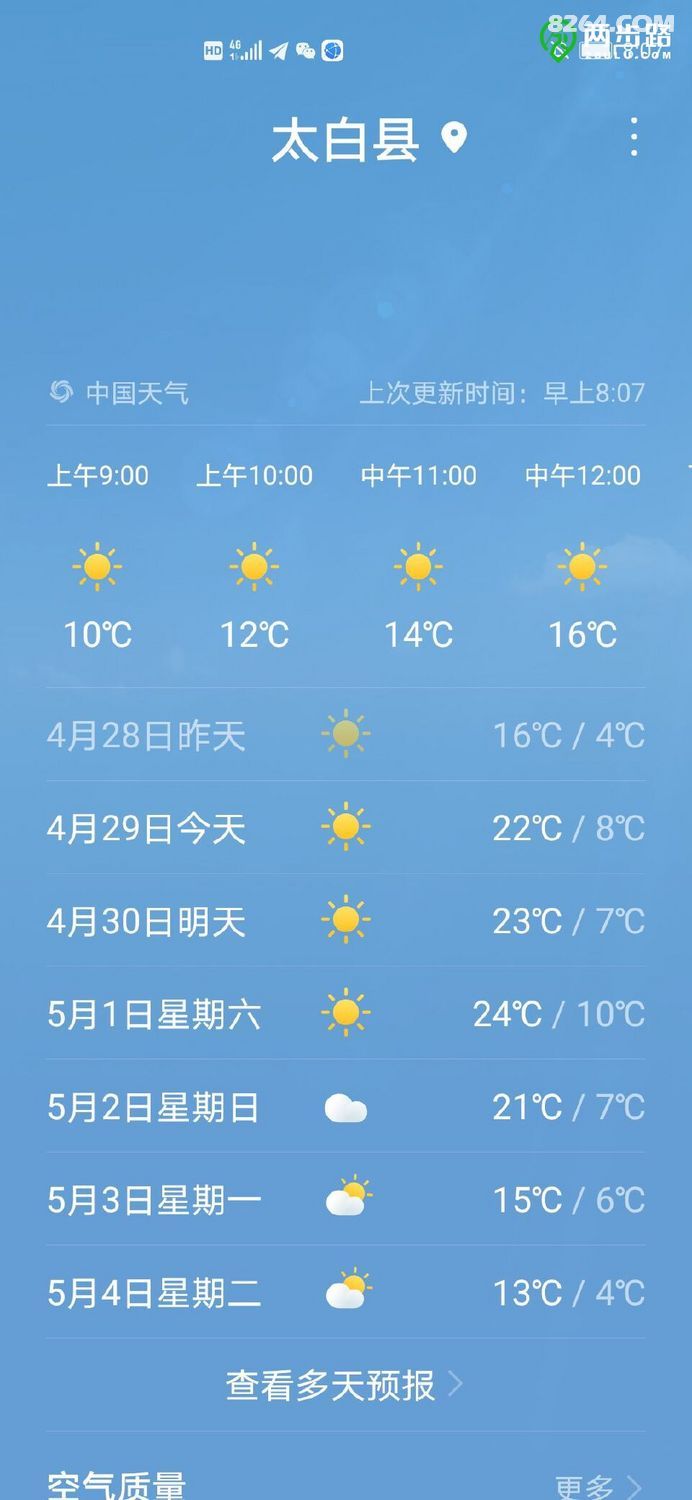 进山行走前截屏的太白县天气预报显示这几天鳌太徒步穿越行走之路是晴